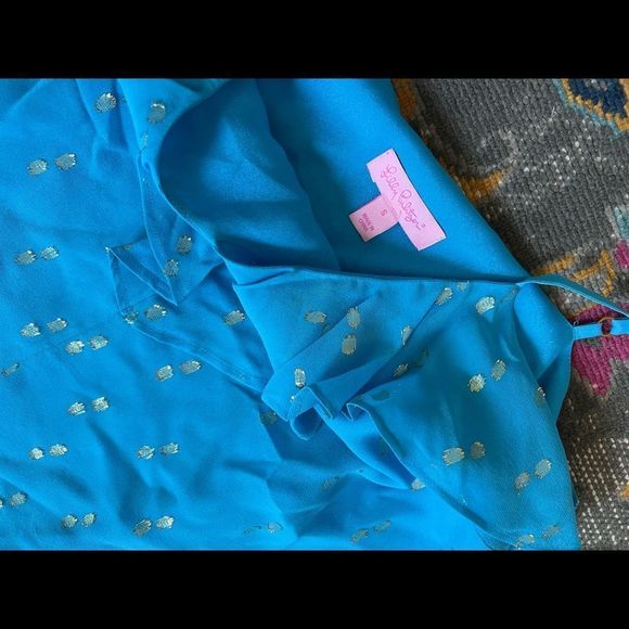 Lilly Pulitzer 100% SILK Camille Tank in Aqua and metallic adjustable straps - Picture 5 of 7